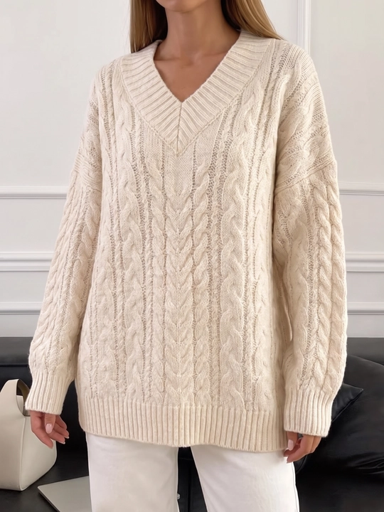Ayollar oversize sviteri, V shaklli yoqa, naqshli to‘qima 42–46 — ELLY FASHION
