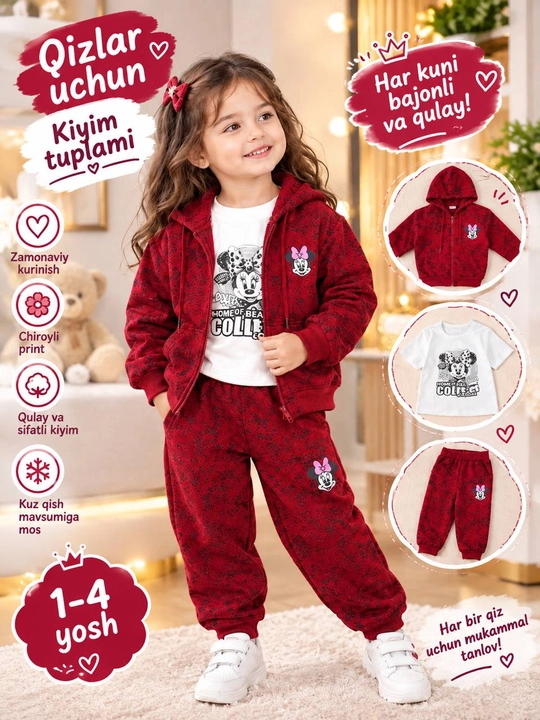 Qizlar bolalar uchun kundalik kiyim 3 qismli 1-5 yosh - 
