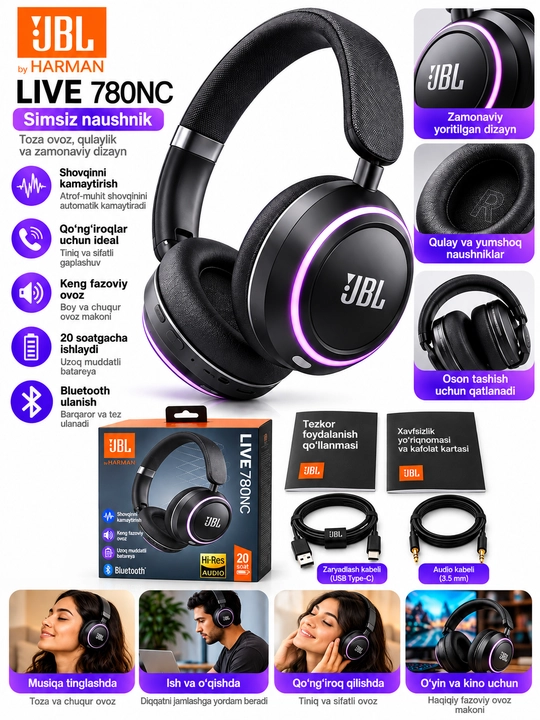JBL LIVE 780NC simsiz naushnik, shovqinni kamaytirish - 