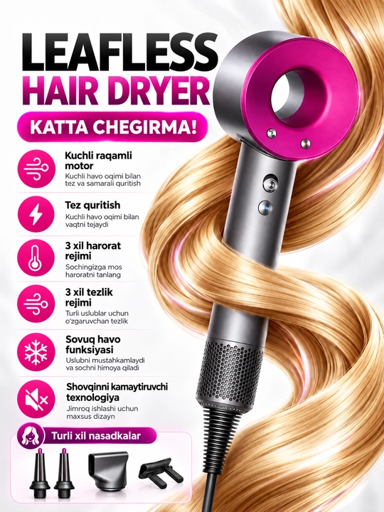 Parraksiz fen Leafless Hair Dryer, 3 harorat, 3 tezlik, nasadkalar bilan - 