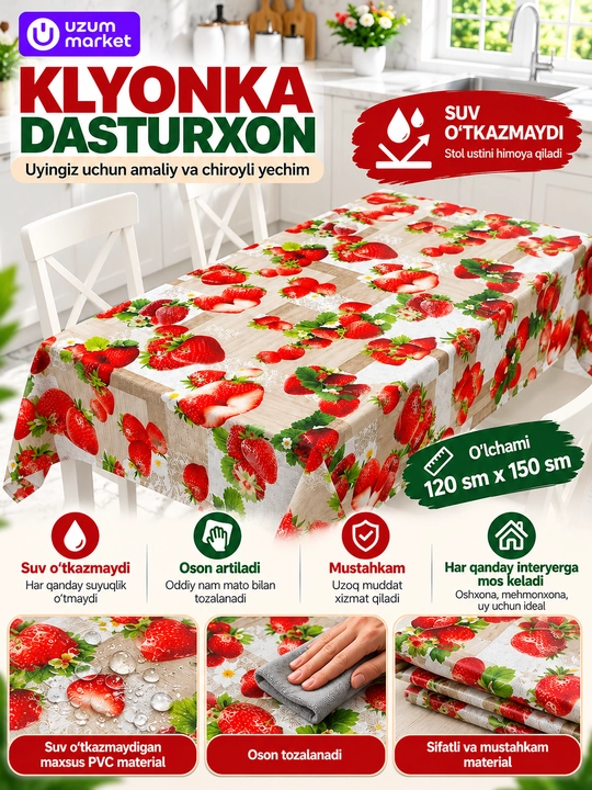 Kleyonka, oshxona uchun qulupnayli dasturxon PVX dasturxon 5 hil o'lchamda - 