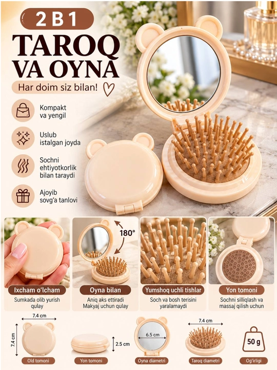 Cho‘ntak taroq oyna 2si 1da, ixcham soch taragich, ayollar uchun mini taroq,oyna va taroq - 