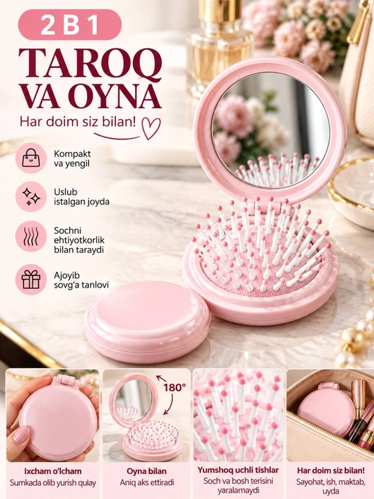Cho‘ntak taroq oyna 2si 1da, ixcham soch taragich, ayollar uchun mini taroq,oyna va taroq - 