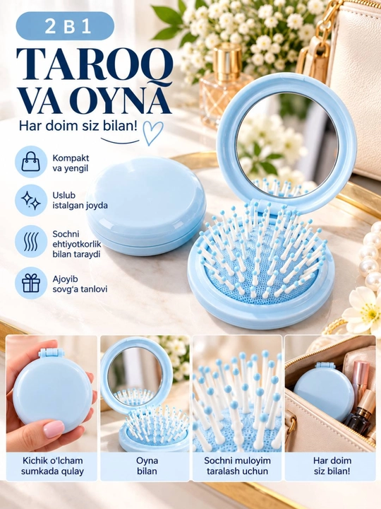 Cho‘ntak taroq oyna 2si 1da, ixcham soch taragich, ayollar uchun mini taroq,oyna va taroq - 