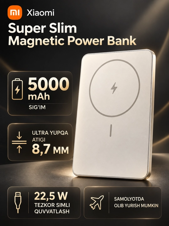 Внешний аккумулятор Xiaomi Super Slim Magnetic Power Bank 5000, беспроводная зарядка 15 Вт - 