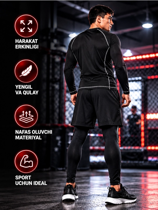 Rashgard sport kiyimlari, fitnes erkaklar kostyumi 3 tasi 1 da to'plam, zal termo kiyimlar