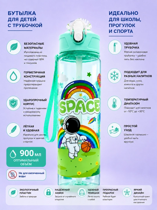 Бутылка для воды детская 900 мл с трубочкой и крышкой на замке