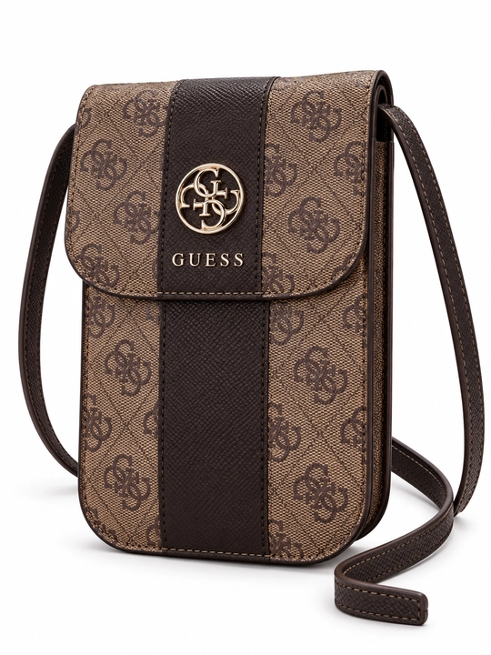 GUESS telefon uchun tasmali jigarrang sumka, 4G monogramma va oltinrang logotip