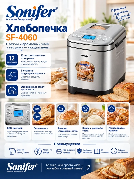 Хлебопечка Sonifer SF-4060 из нержавеющей стали, с 12 программами - 