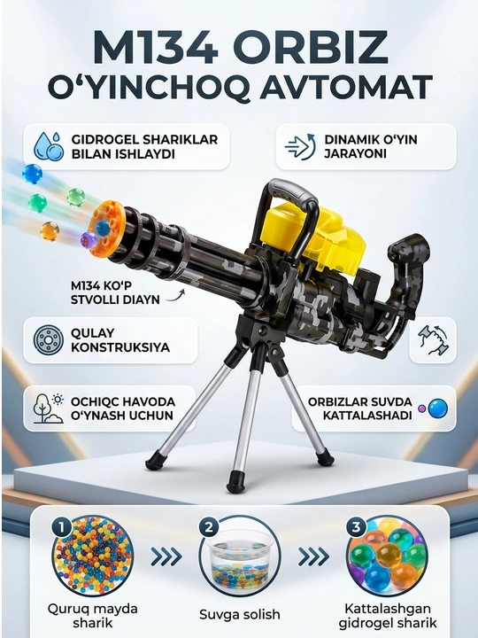 M134 Orbiz o‘q otuvchi o‘yinchoq avtomat, gidrogel blaster - 