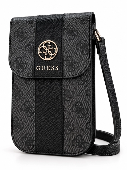 GUESS telefon uchun tasmali qora sumka, 4G monogramma va oltinrang logotip