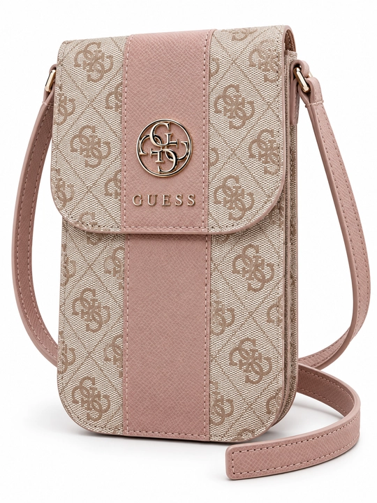 GUESS telefon uchun tasmali bej-pushti sumka, monogramma va yumaloq emblema