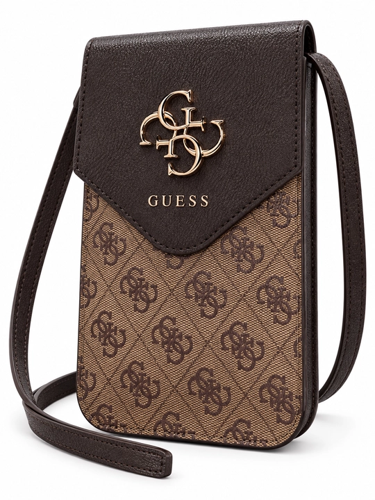 GUESS telefon uchun jigarrang sumka, 4G monogramma va oltinrang logotip