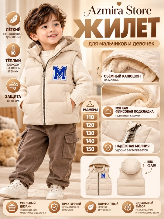 Детский утеплённый жилет с капюшоном — Azmira Store - 