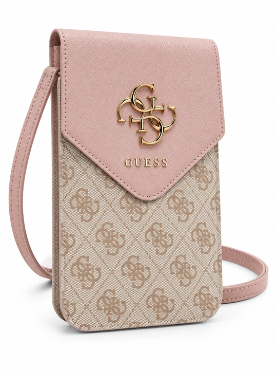 GUESS telefon uchun tasmali bej-pushti sumka, 4G monogramma va oltinrang logotip