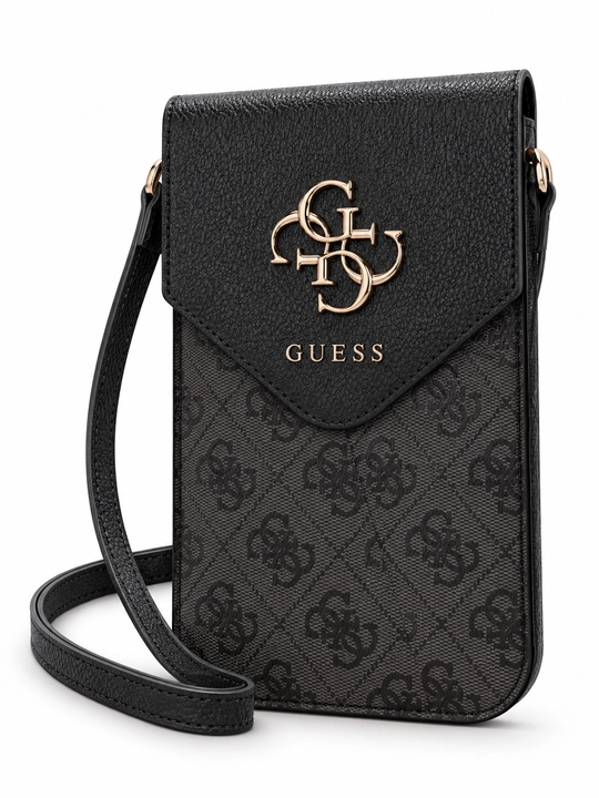 GUESS telefon uchun tasmali qora sumka, 4G monogramma va oltinrang logotip
