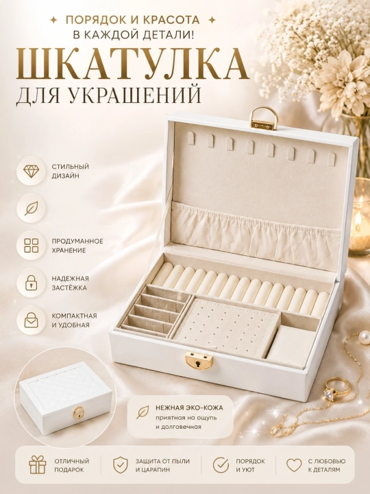 Zargarlik buyumlari uchun organayzer shkatulka, eko-charm, qulfli, 7 bo'limli - 