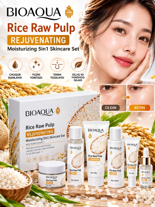 Yuzni parvarishi uchun mini to'plam Bioaqua, 5 tasi 1 da, qarishga qarshi, guruch ekstrakti - 