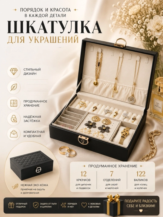 Zargarlik buyumlari uchun organayzer shkatulka, eko-charm, qulfli, 7 bo'limli - 