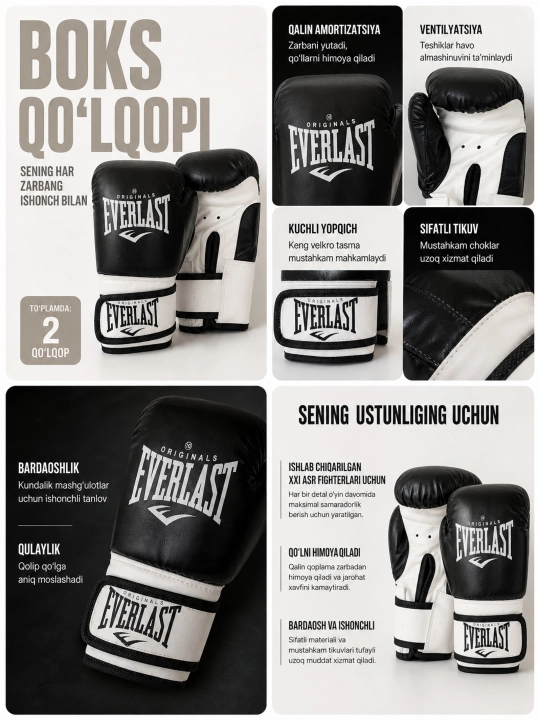 Boks qo'lqoplari Everlast, mashg'ulot va sparring uchun - 