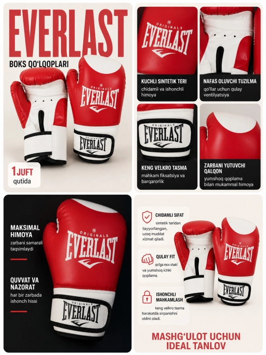 Boks qo'lqoplari Everlast, mashg'ulot va sparring uchun - 