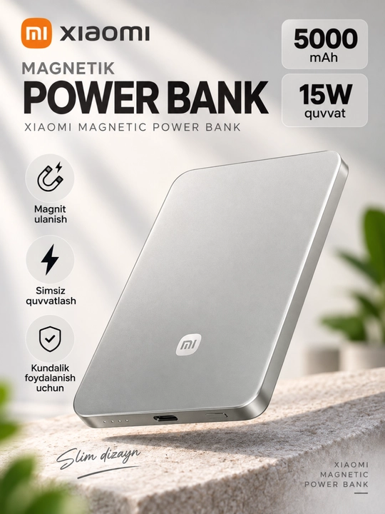 Xiaomi ultra ingichka magnitli powerbank 5000 mAh MagSafe wireless zaryadchik Silver - 