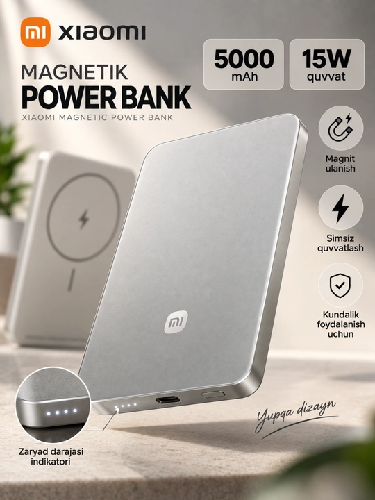 Xiaomi ultra ingichka magnitli powerbank 5000 mAh MagSafe wireless zaryadchik Silver