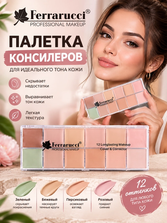 Ferrarucci Professional Make-Up 12 Longlasting& Corrector konsilerlari va korrektorlari palitrasi - 