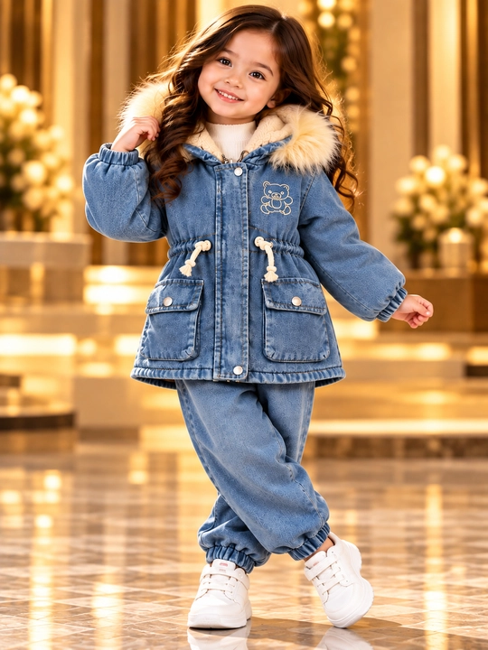 Qizlar uchun qishki denim kurtka, kapyushonli, mo‘ynali, issiq nachos, gul va naqshli - 