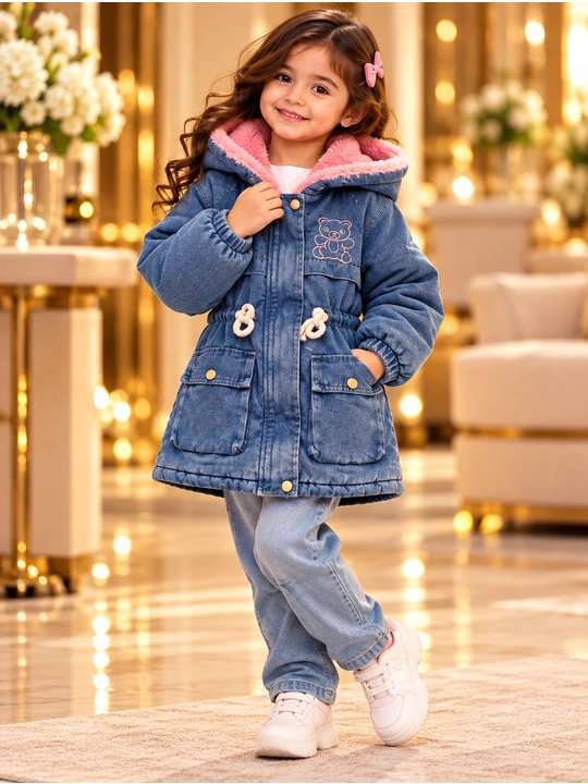 Qizlar uchun qishki denim kurtka, kapyushonli, mo‘ynali, issiq nachos, gul va naqshli - 