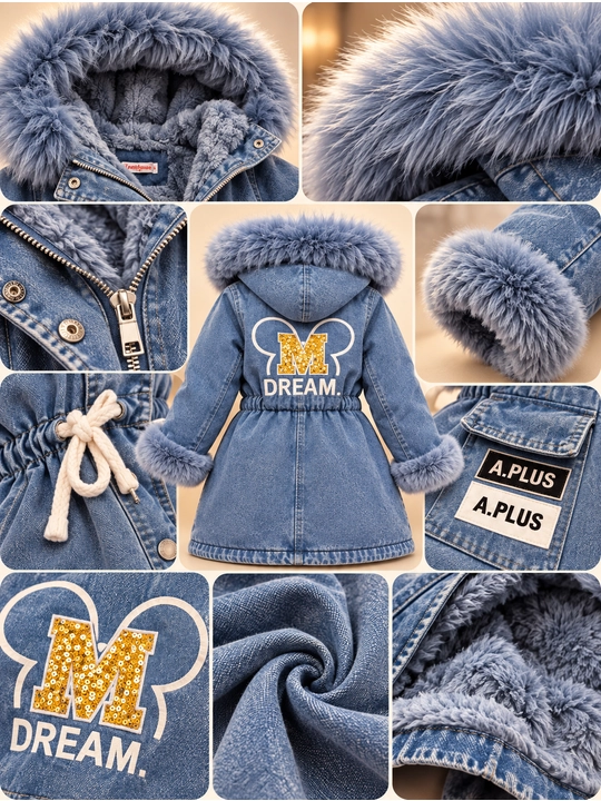 Зимняя джинсовая куртка для девочек, меховой капюшон, тёплый начёс, цветы и узоры