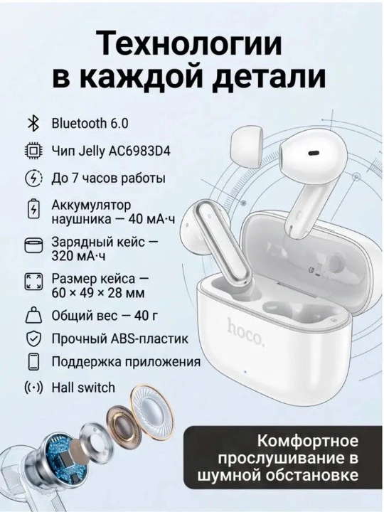 Simsiz quloqchin TWS Hoco EQ24, EQ32 qora, vakuumli, keys va mikrofon bilan