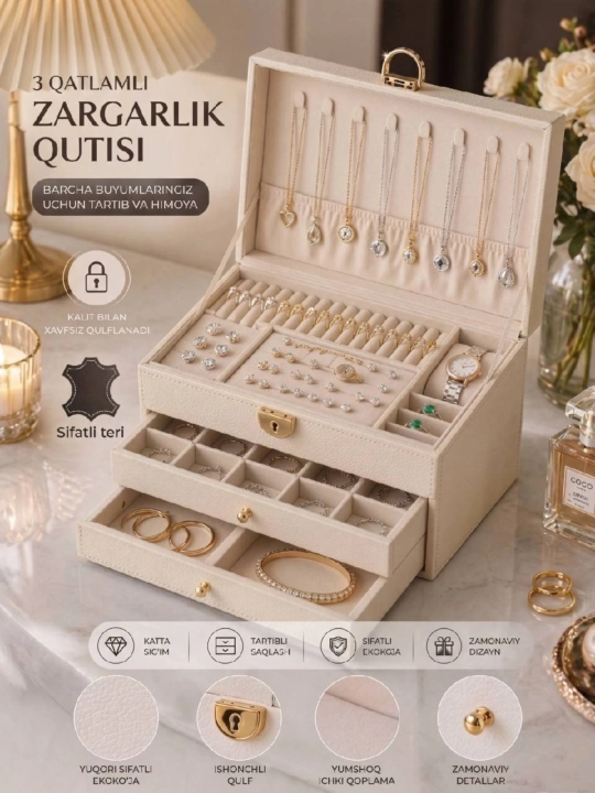 Zargarlik buyumlari uchun 3 qavatli organayzer shkatulka, 2 tortmali, qulf va kalitli - 