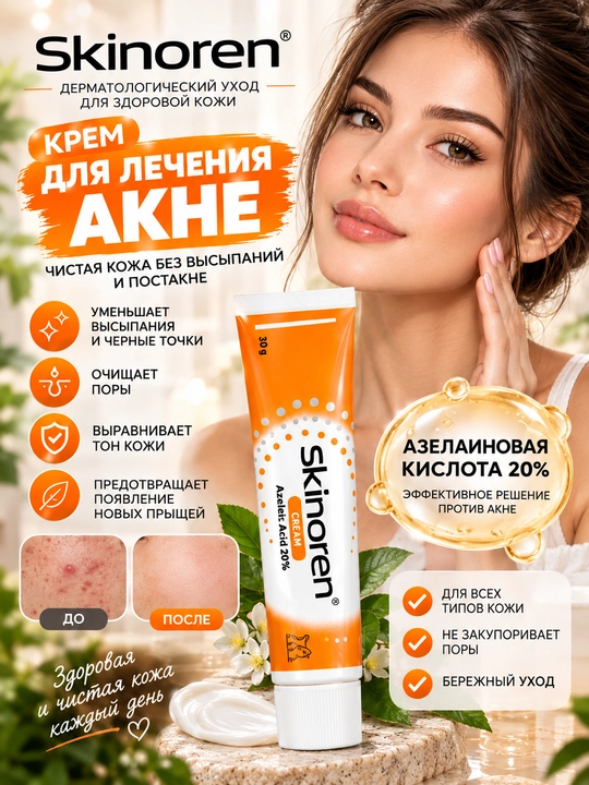Крем против акне Skinoren, с азелаиновой кислотой 20%, для лица, 30 г