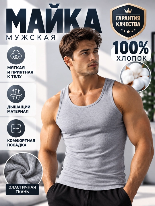 Майка мужская, хлопковая, бесшовная от М до 4XL - 