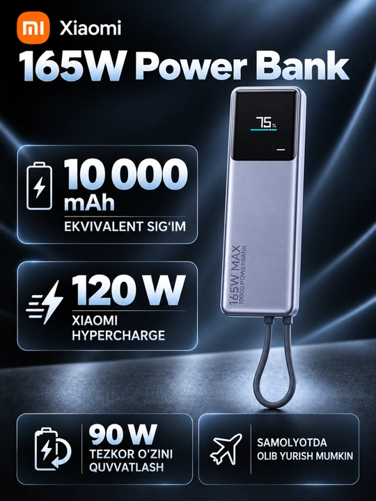 Внешний аккумулятор Xiaomi 165W Power Bank 10000mAh (Integrated Cable) - 