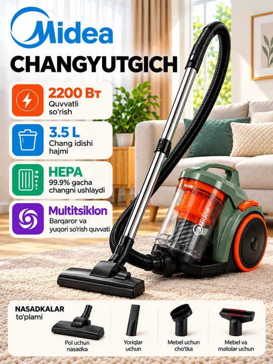 Midea MVC5525 changyutgichi, 2200 Vt quvvatga ega, 3.5 L chang idishi, HEPA filtri - 