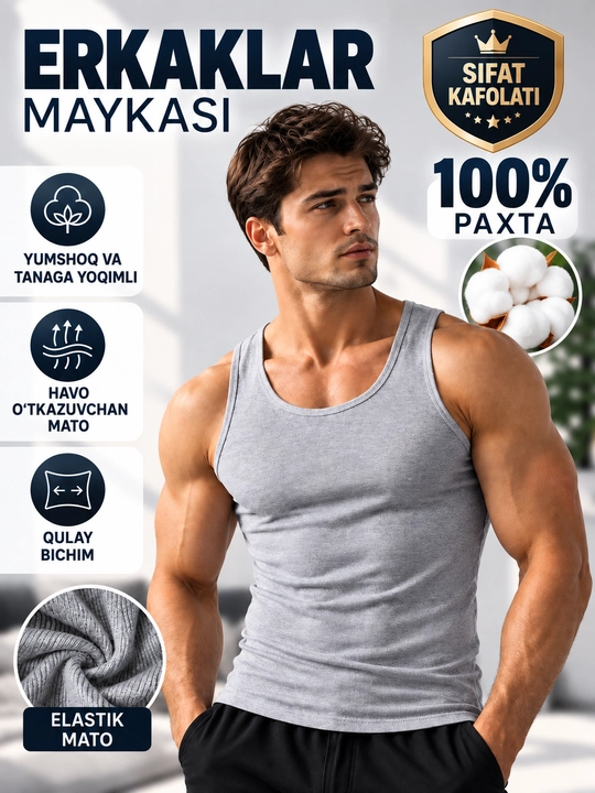 Erkaklar maykasi, paxta tolali, M dan 4XL gacha bo‘lgan choksiz