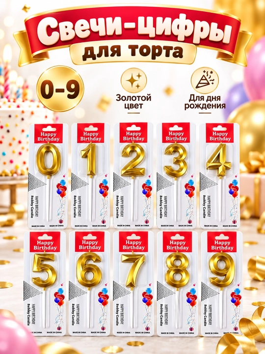 Свеча-цифра для торта 0–9, золотая, для дня рождения и праздника - 