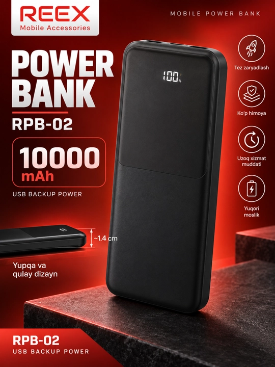 REEX powerbank 10000 mAh LED displeyli tezkor zaryadlovchi tashqi akkumulyator RPB-02 - 