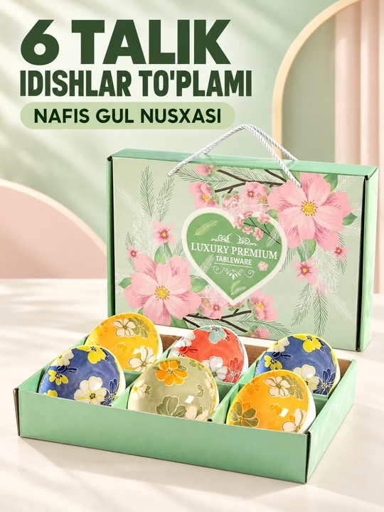 Piyolalar gul naqshli sopol sovg‘a to‘plami quti bilan 6 dona - 