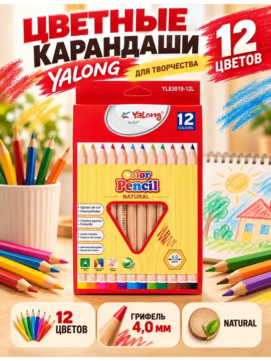 Набор цветных карандашей Yalong Natural 12 цветов (YL83019-12L, 4.0 мм) - 