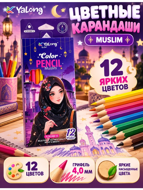 Набор цветных карандашей Yalong Muslim 12 цветов (YL241068-12) - 