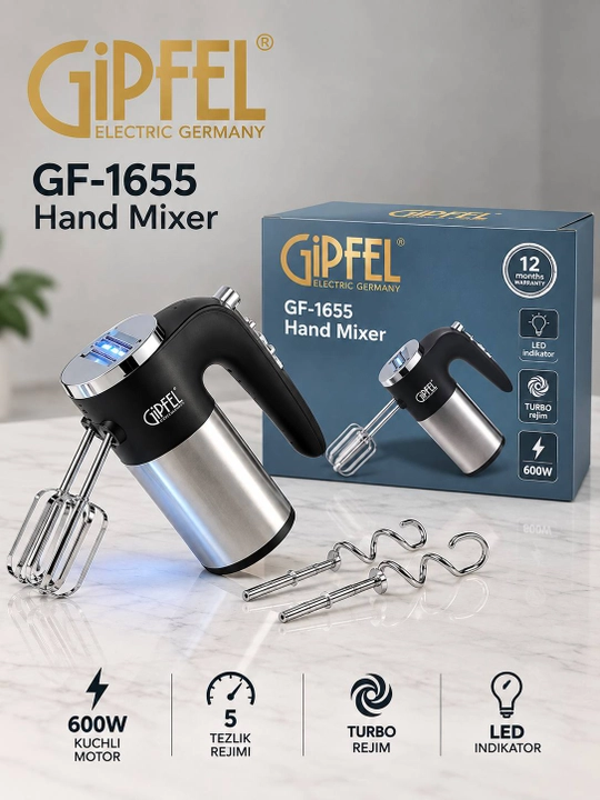 Gipfel GF-1655 qo'l mikseri, 600 Vt, 5 tezlik, turbo rejim, venchik va xamir ilgaklari