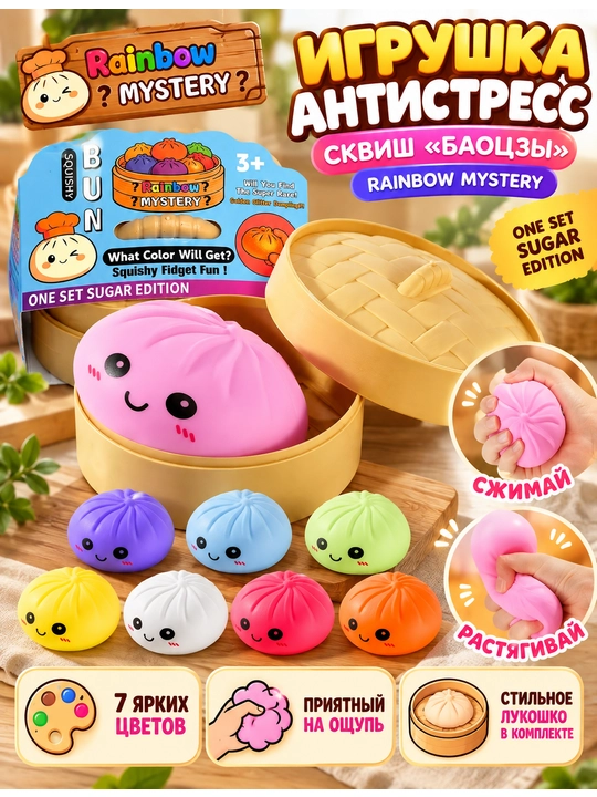 Игрушка-антистресс сквиш «Баоцзы» в лукошке, Rainbow Mystery Sugar Edition - 