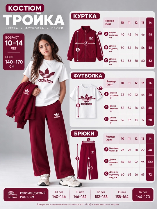 Qizlar uchun Adidas sport komplekti 3 talik, kofta futbolka shim, 6–14 yosh
