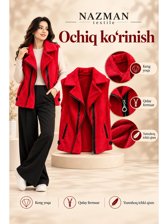 Ayollar uchun issiq teddy nimcha NAZMAN Textile, fermuarli va cho‘ntakli