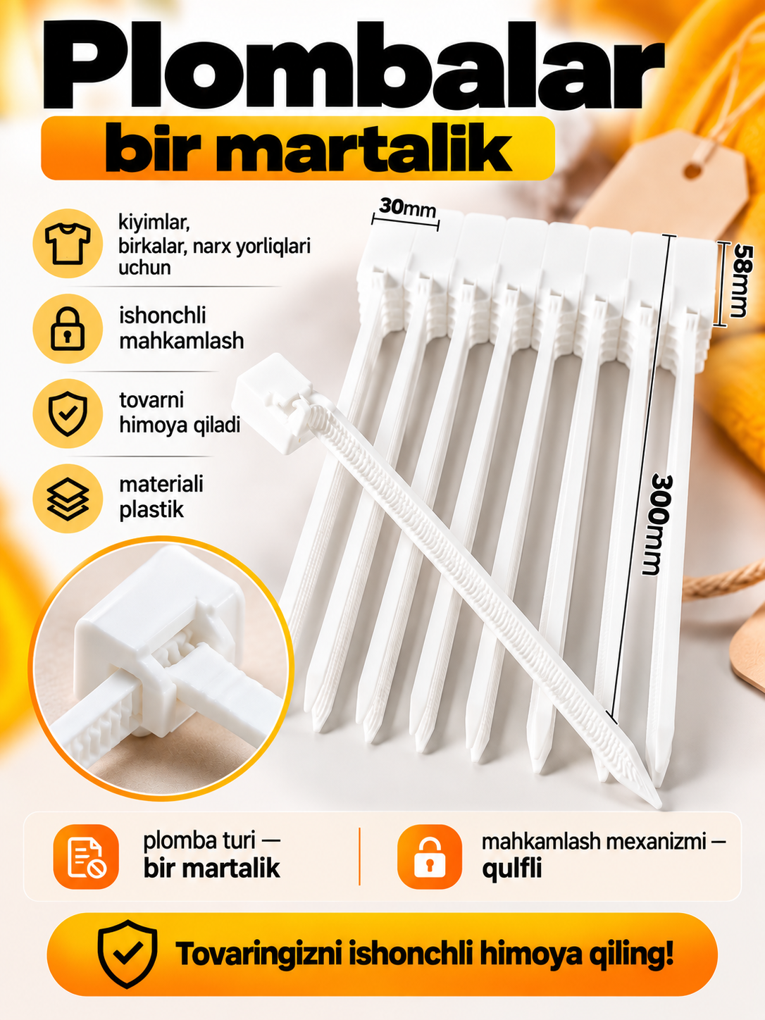 Plastik plombalar, bir martalik, kiyim-kechak va birkalar uchun, tovarlarni himoya qilish va markirovkalash - 