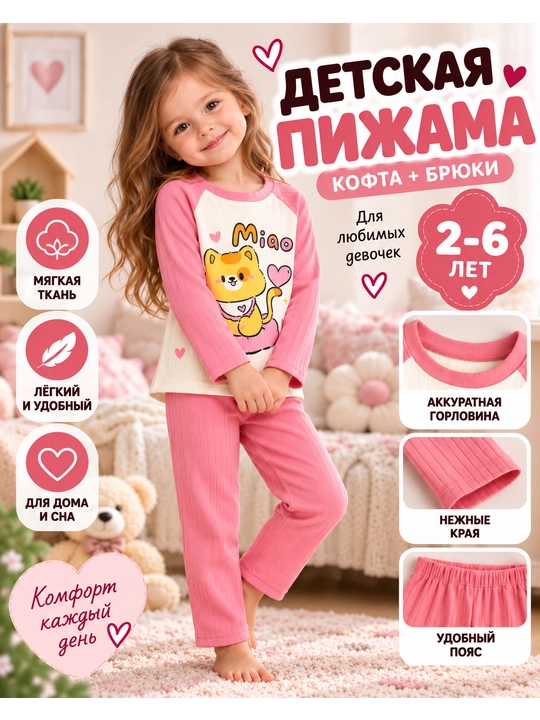 Детская пижама комплект кофта и брюки из рибаны 2-6 лет - 