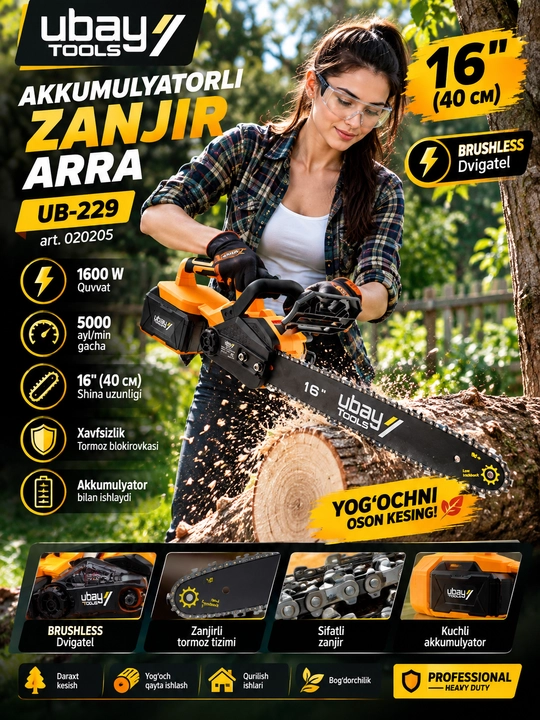 UBAY UB-229 1600 Vt, 40 sm shinali akkumulyatorli zanjirli arra - 